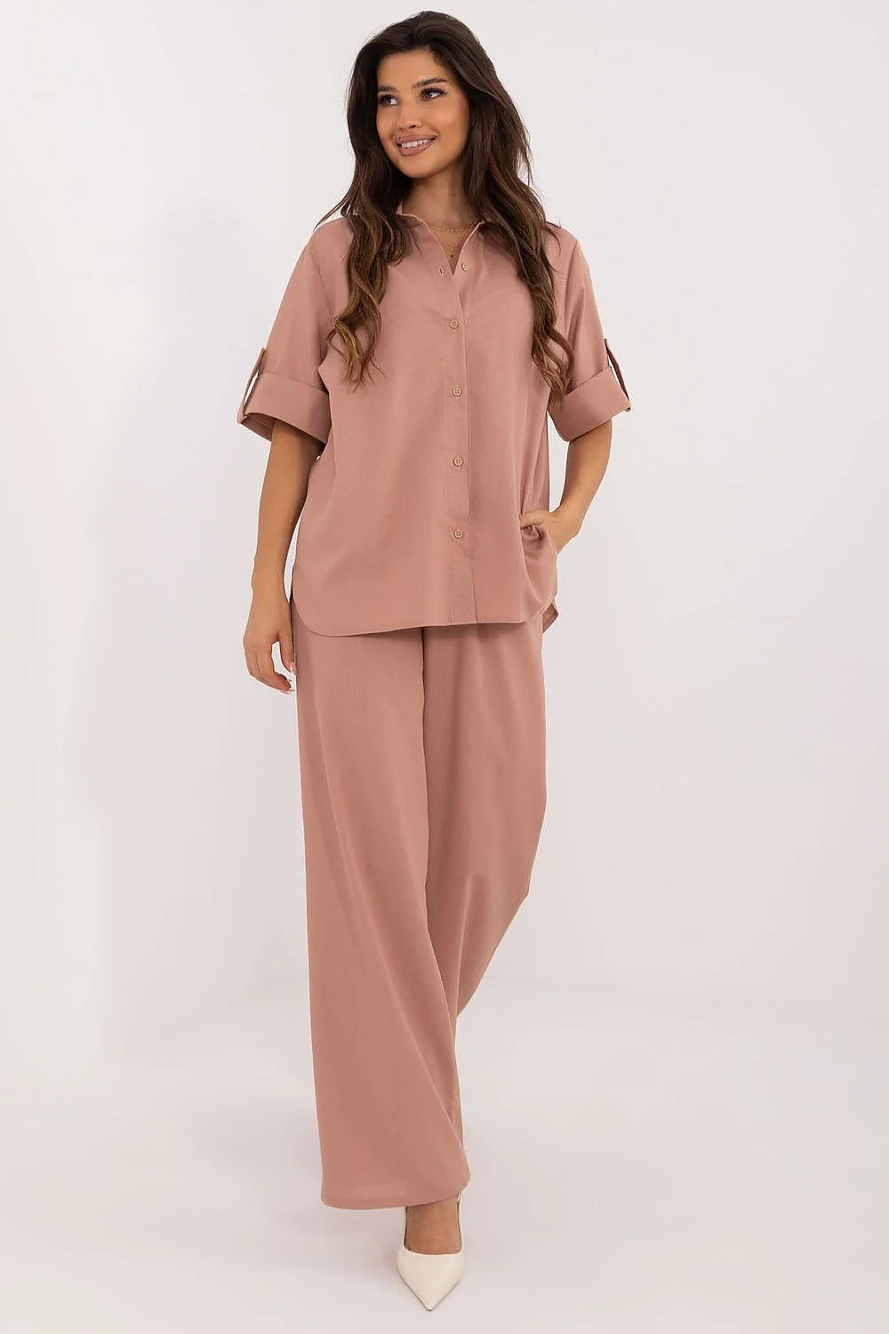 Lakerta ensemble femme deuxpieces chemise boutonnée manches retroussées col classique encolureV pantalon palazzo taillehaute large fluide rosepoudré oversize minimaliste polyvalent