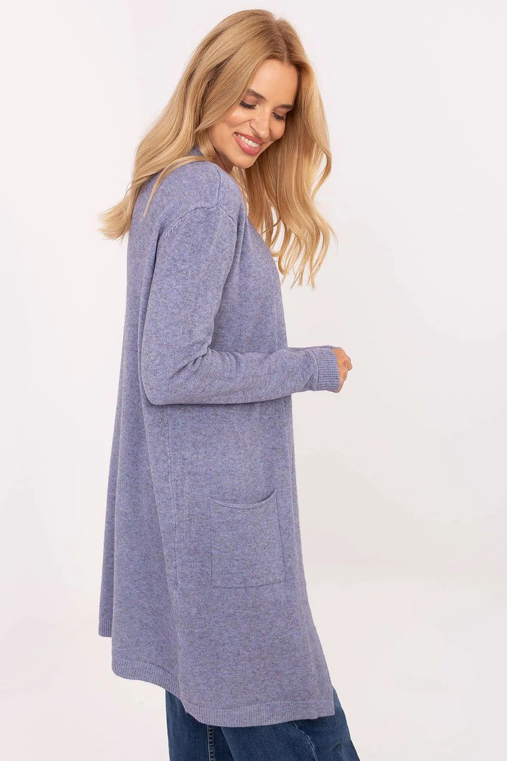 cardigan long ouvert femme lavande pervenche maille douce chinée mi cuisse manches longues poches plaquées bords côtelés coupe droite ajustée