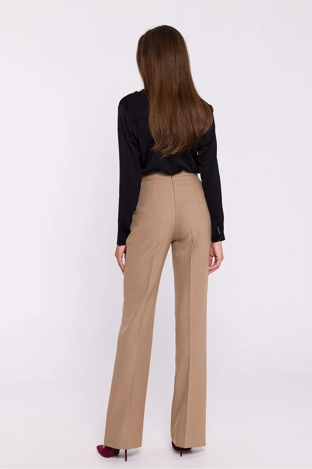 Pantalon femme Stylove en tissu mélange laine, coupe évasée, taille haute, couleur beige clair, style élégant et professionnel