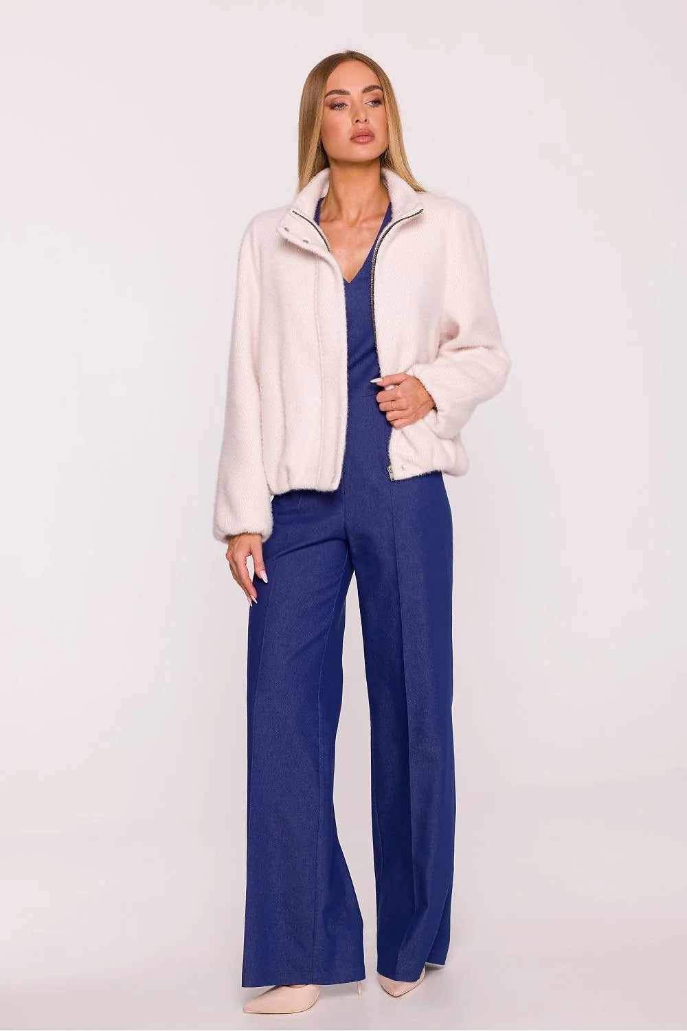 veste femme courte blouson bouclée duveteuse rose poudrée boxy oversize col montant manches ballon poches latérales doublée chaude