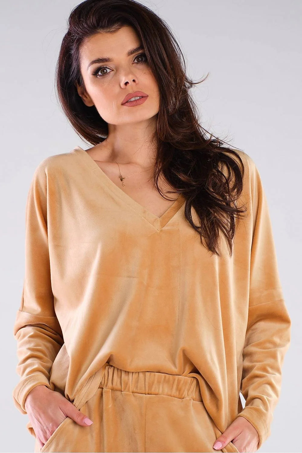 Sweatshirt femme en velours rose vif col V confortable manches longues style décontracté moderne