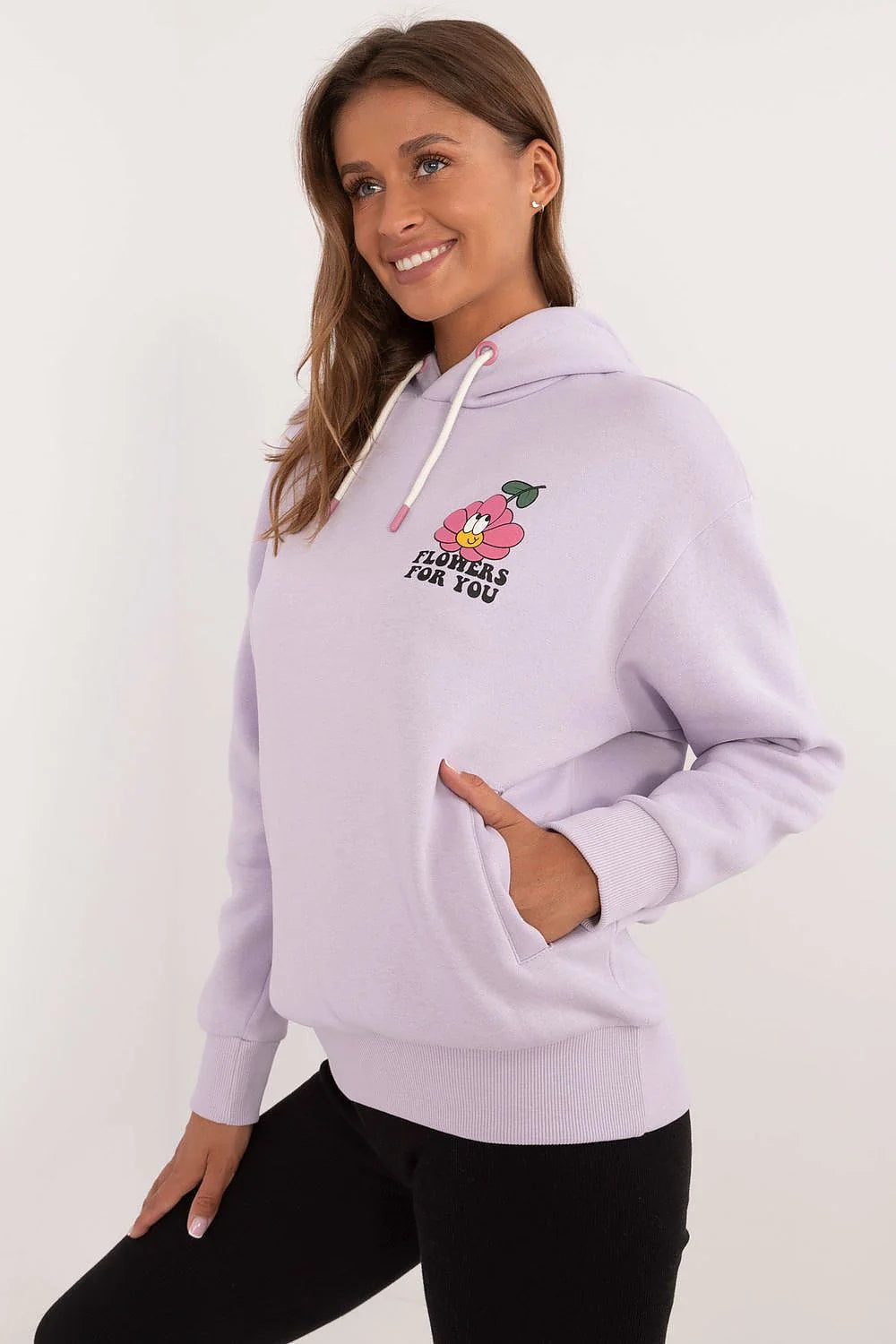 Sweatshirt à capuche pour femme en coton-lavande pâle design moderne fleur souriante manches longues coupe ample