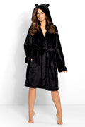 Peignoir Momenti Per Me pour femme, noir, oreilles sur capuche, polyester 100%, style élégant, coupe classique, manches longues, ceinture à la taille, robe de chambre intérieure, Polonais