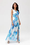 Robe estivale longue sans manches fleurie dos nu tissu léger empire coupe femme occasionnels