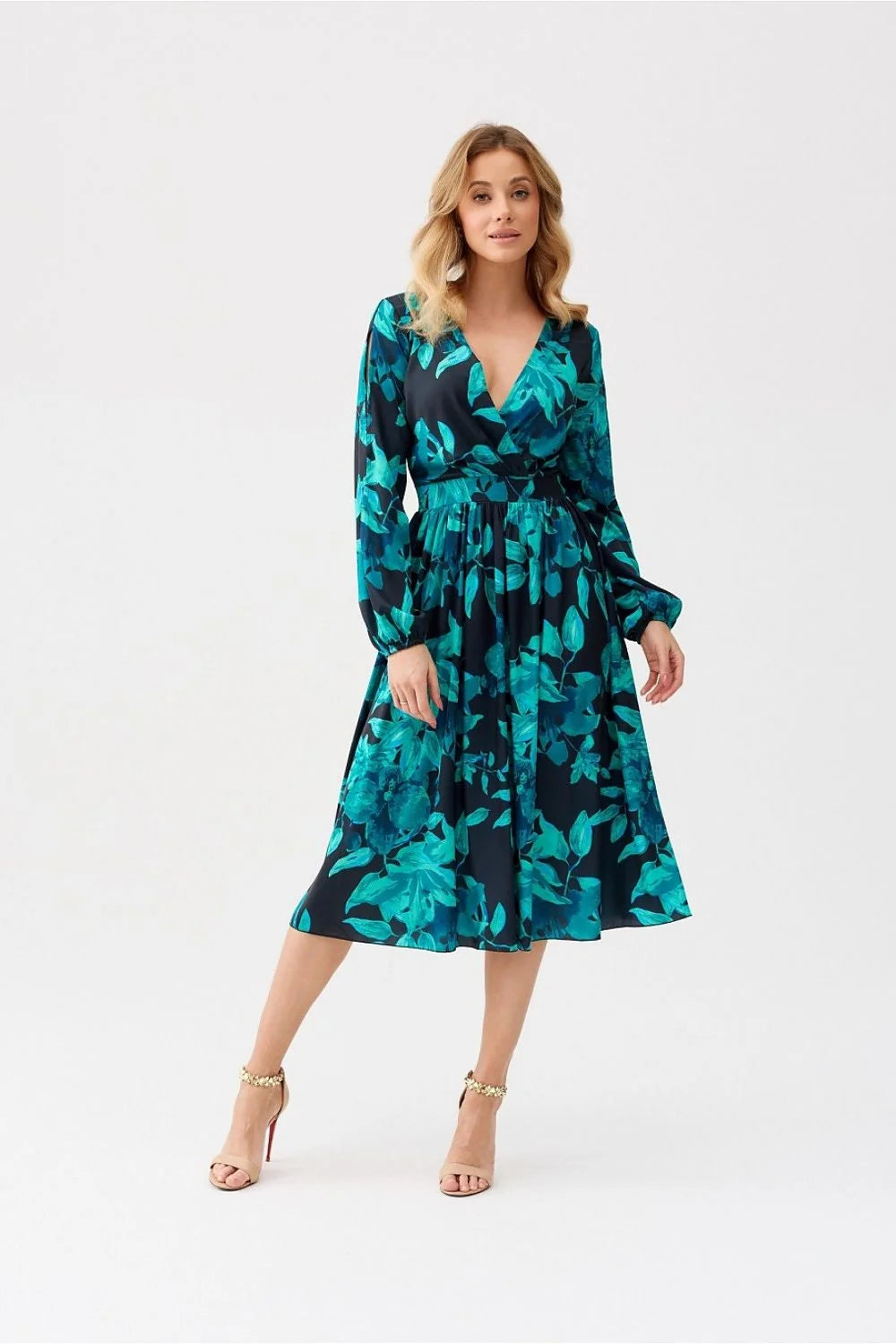 Robe cocktail élégante imprimé floral bleu noir longue manches longues encolure V croisée taille cintrée femmes
