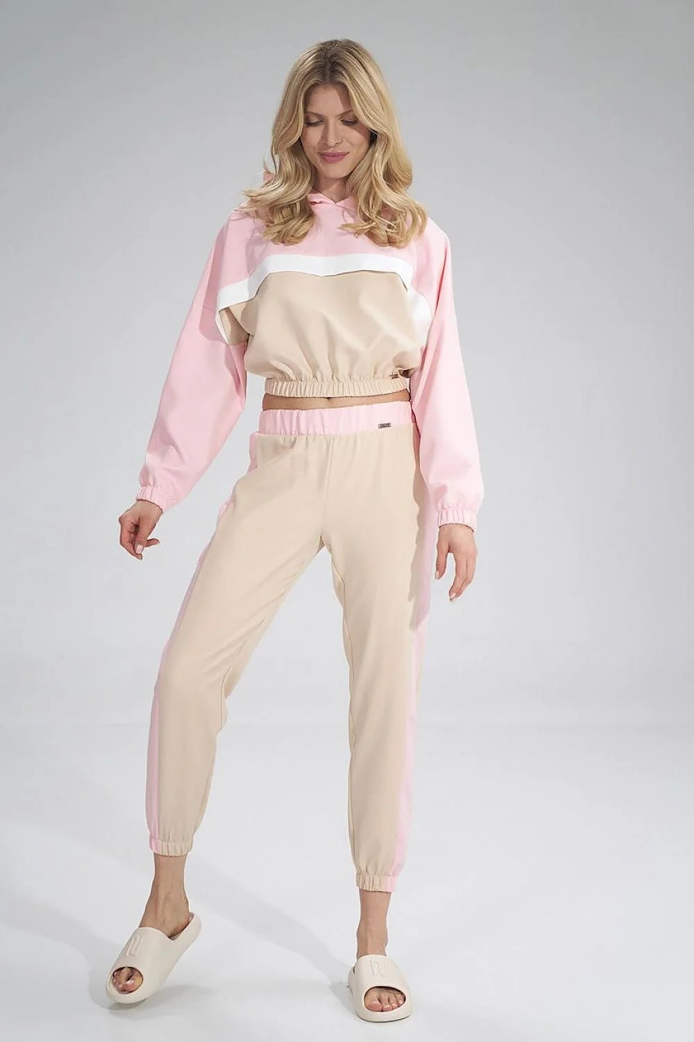 Pantalon survêtement femme tissu synthétique décontracté blanc élégant bandes carreaux confort ceinture élastique