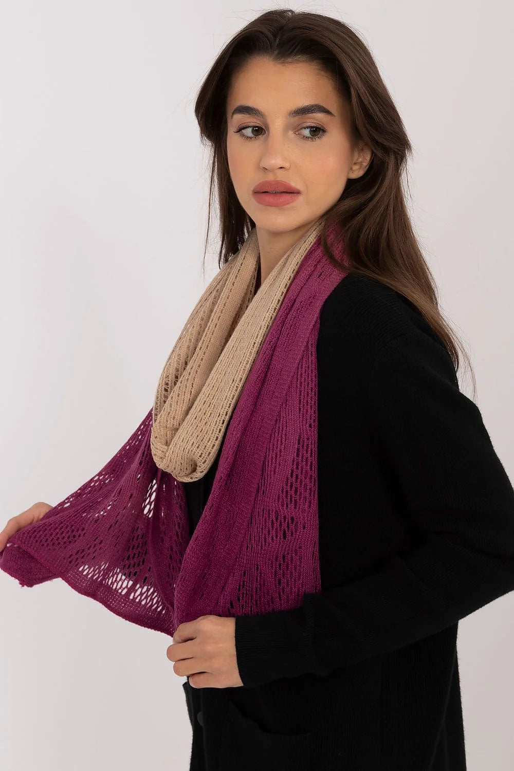 Écharpe ajourée longue pour femme automne hiver bi-couleur beige bordeaux coton laine élégante mode ajourée longue femmes