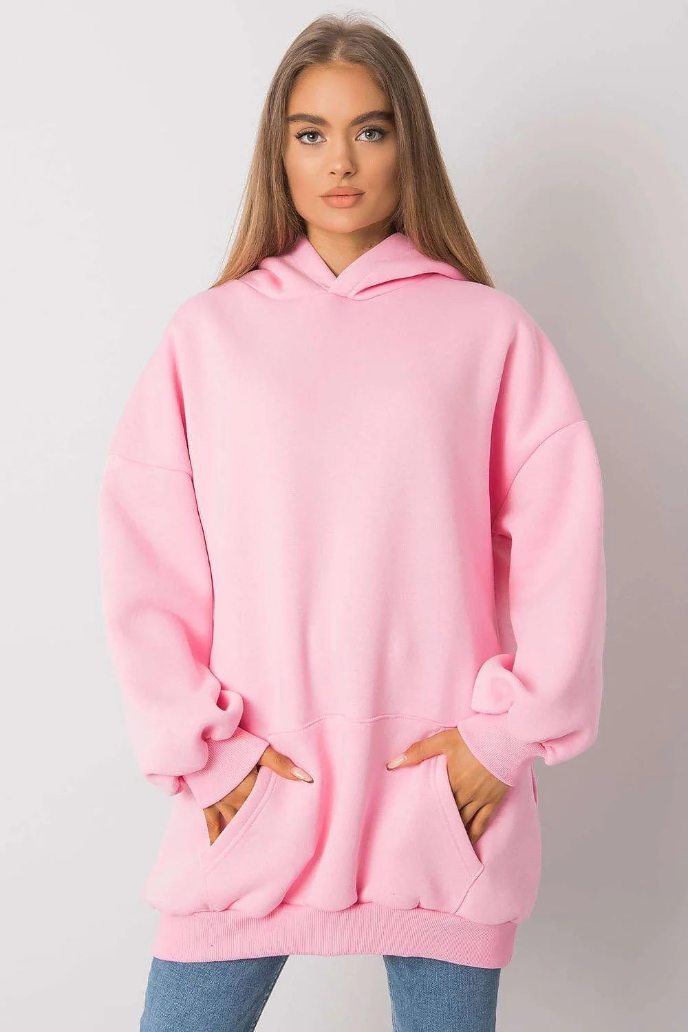 sweatshirt oversize femme blanc molleton doux coton élasthanne coupe ample mi cuisses capuche large manches longues poche kangourou