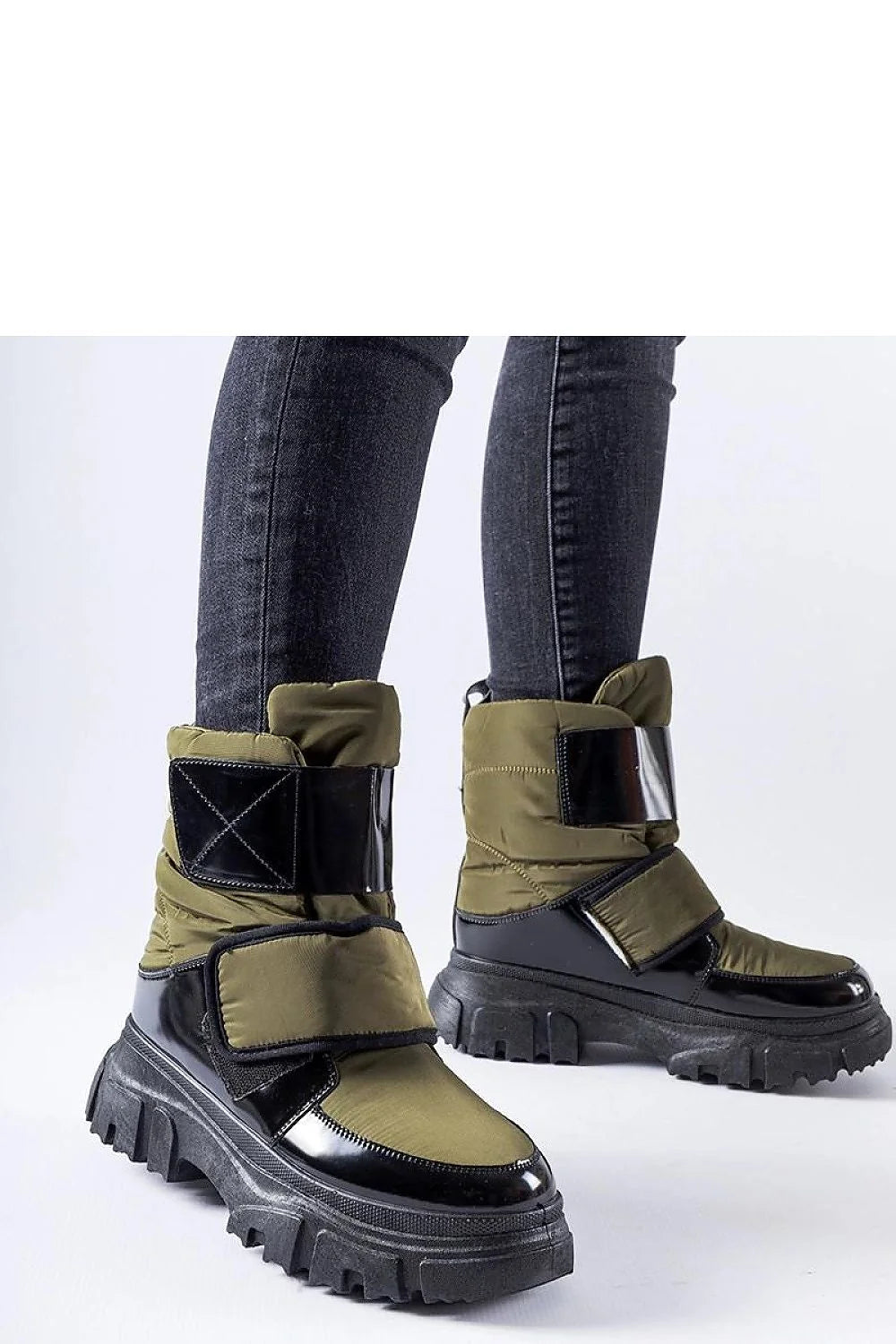 bottes neige Hutchinson vertes matelassées doublées montantes velcro similicuir vernies semelle plateforme crantée antidérapante isolantes chaudes urbaines