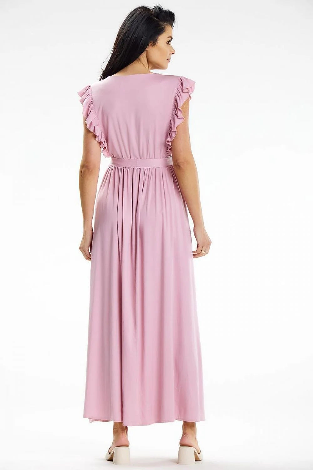 robe maxi longue rose poudré élégante cachecoeur encolure manches volantées ceinture nouée taille cintrée jupe plissée fluide viscose elasthanne