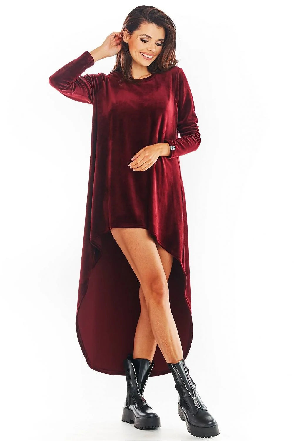 robe jour awama asymétrique velours rose poudré manches longues encolure ronde ourlet court devant long arrière oversize fluide traîne