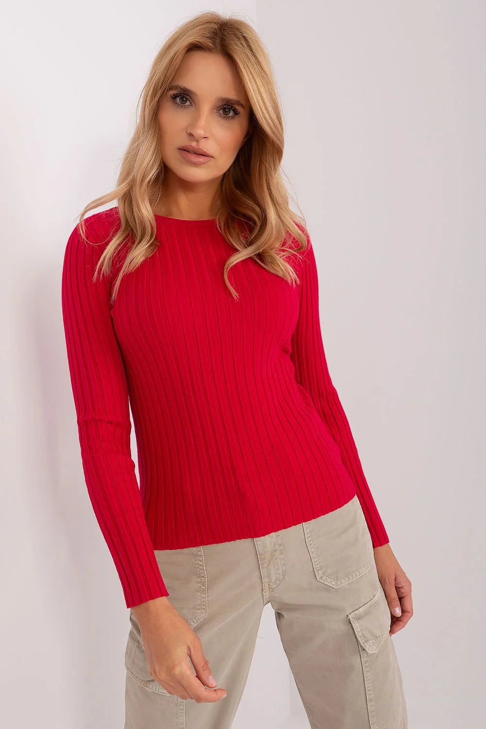Chandail femme élégant manches longues en tricot mélange couleur rouge vif coupe ajustée encolure ronde
