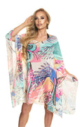 Tunique de plage Irall en mousseline de soie imprimée motifs abstraits couleurs vives manches longues style fluide femme polyester 100% fabriquée en Pologne