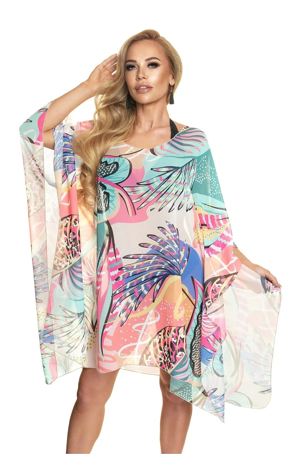 Tunique de plage Irall en mousseline de soie imprimée motifs abstraits couleurs vives manches longues style fluide femme polyester 100% fabriquée en Pologne