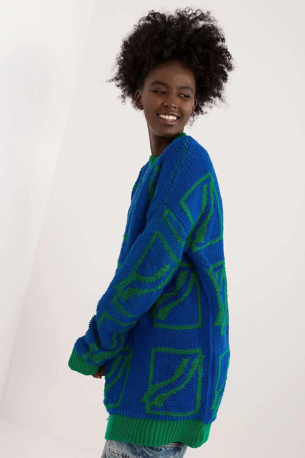 Chandail pour femme oversized design géométrique bleu vert manches longues col rond tricoté mélange acrylique laine