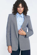 blazer femme chevrons bleu marine blanc col tailleur épaules structurées coupe droite longueur hanches manches longues tissu texturé mélange tissé