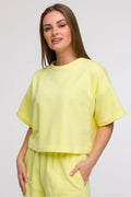 sweatshirt BeWear femme crop court boxy ample manches courtes col rond jaune pastel molleton léger doux