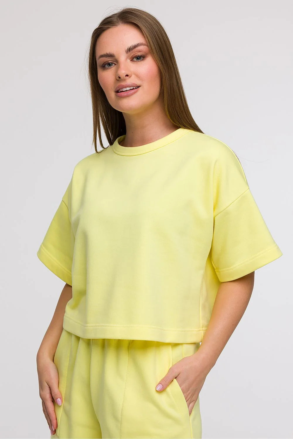 Sweatshirt Be Wear ample crop manches courtes col rond style minimaliste couleur pastel femme