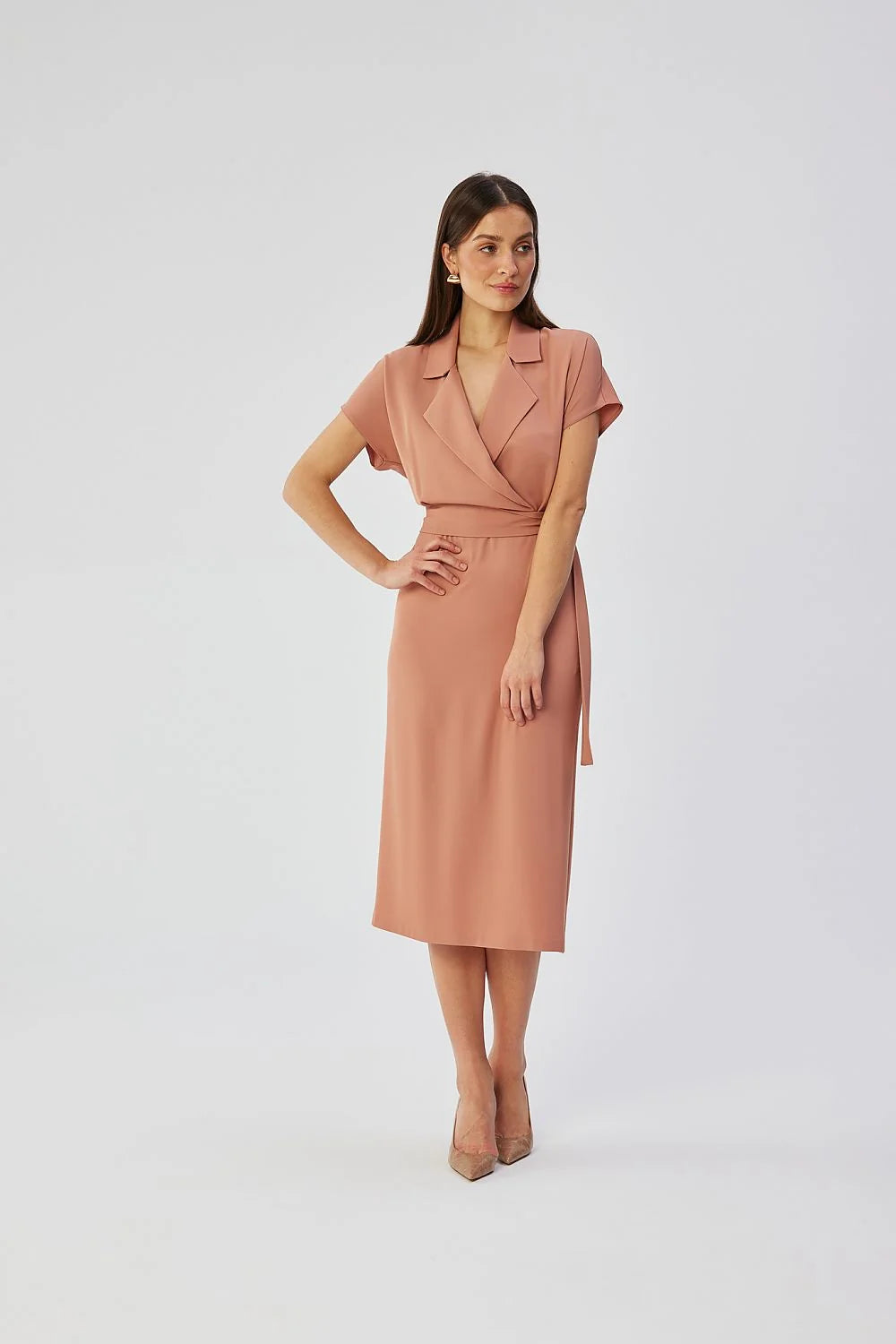 Robe de jour élégante manches courtes col châle ceinture ajustable rose poudré femme Stylove