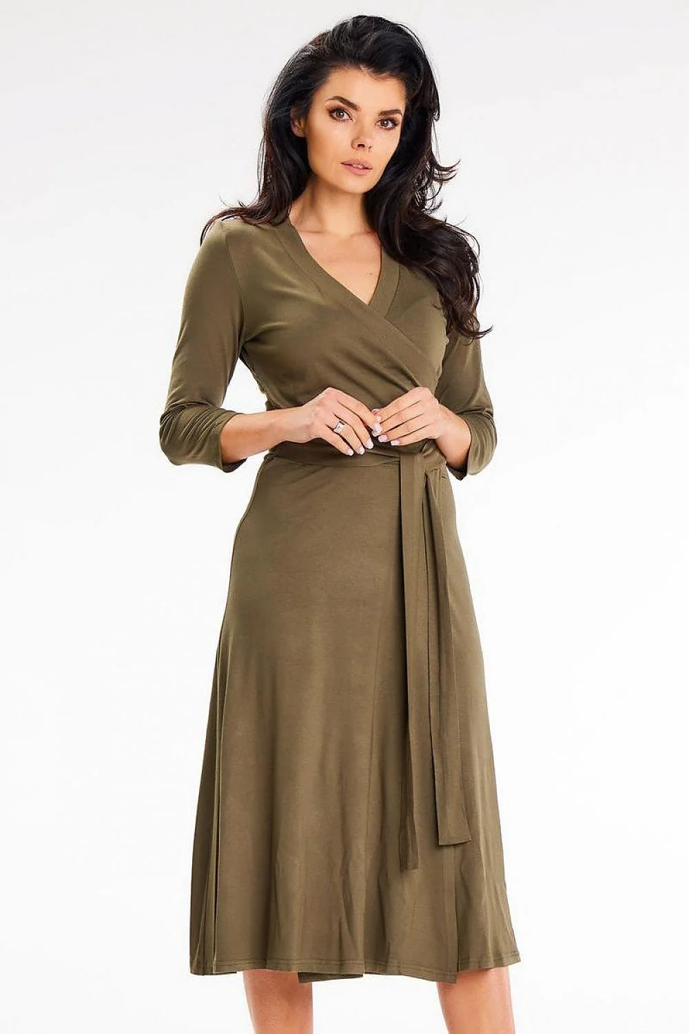Robe midi chic moderne portefeuille 3/4 manches ceinture nouable kaki viscose elastane A-ligne V-encolure femme occasionnels
