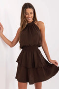 robe estivale courte marron chocolat mousseline coton respirante plissée col montant froncé bretelles larges taille smockée jupe volants superposés