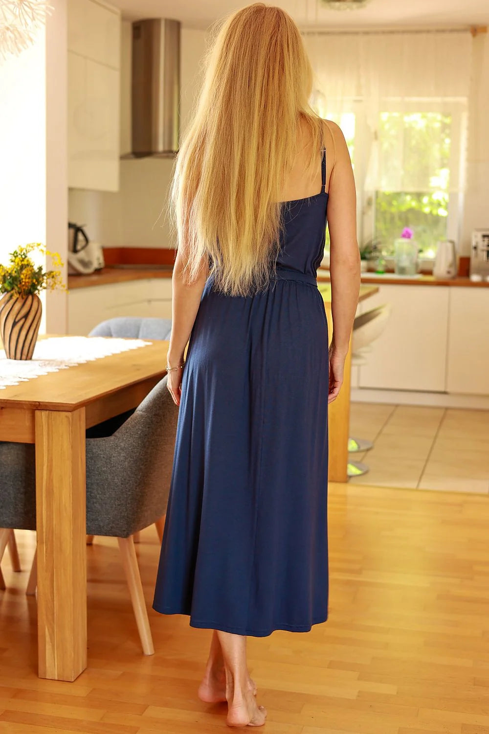 Robe longue pour femme en viscose bleu marine coupe droite ceinture ajustable en tissu fente latérale silhouette cintrée manches courtes encolure ronde occasion quotidienne