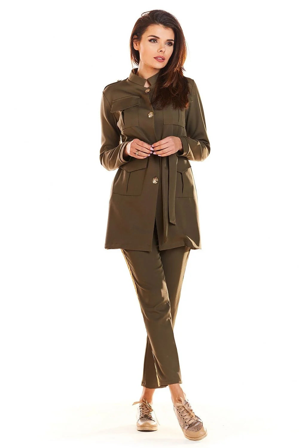 Veste longue femme kaki en polyester chic militaire élégante avec ceinture ajustable boutons dorés