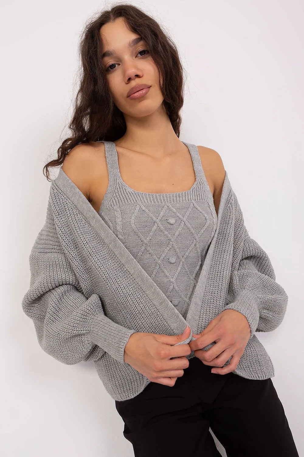 Ensemble tricot Twinset Badu pour femme, débardeur losanges cardigan manches longues, gris élégant, confortable, occasion décontractée, style moderne