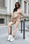 Ensemble de survêtement pour femme en tricot de haute qualité IVON beige manches longues sweat à capuche pantalon jogging taille élastique