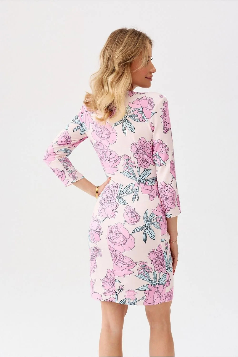 Robe de jour féminine moderne imprimé floral V-croisé manches 3/4 fermeture cachée rose synthétique femme