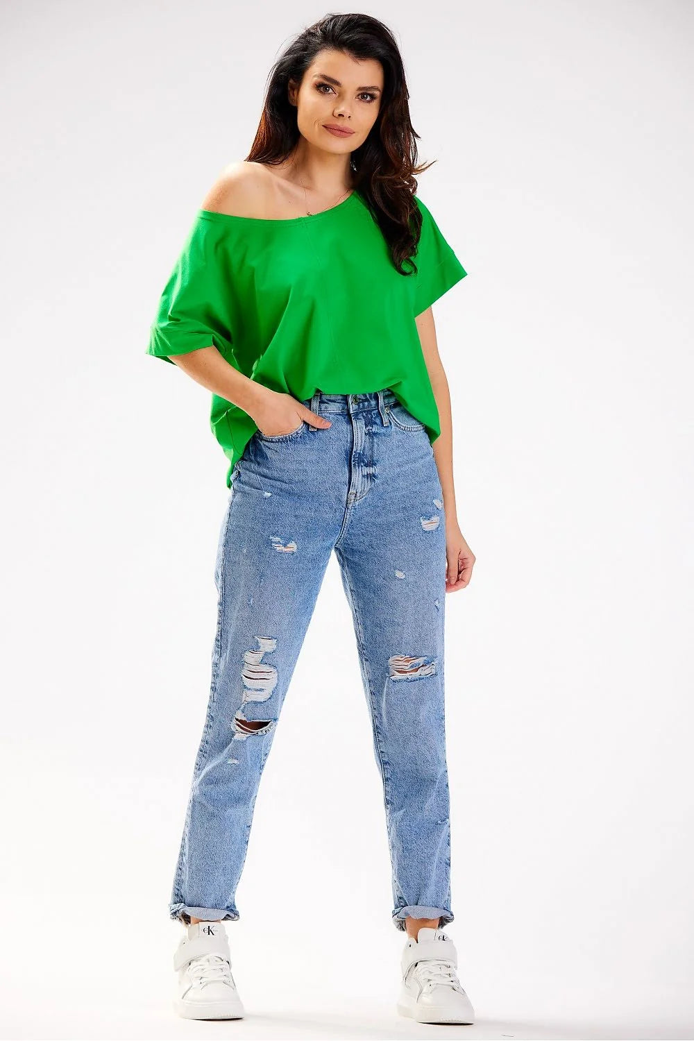Chemisier décontracté féminin ample col large porté épaules nues style moderne tunique verte vif robe Casual été femme