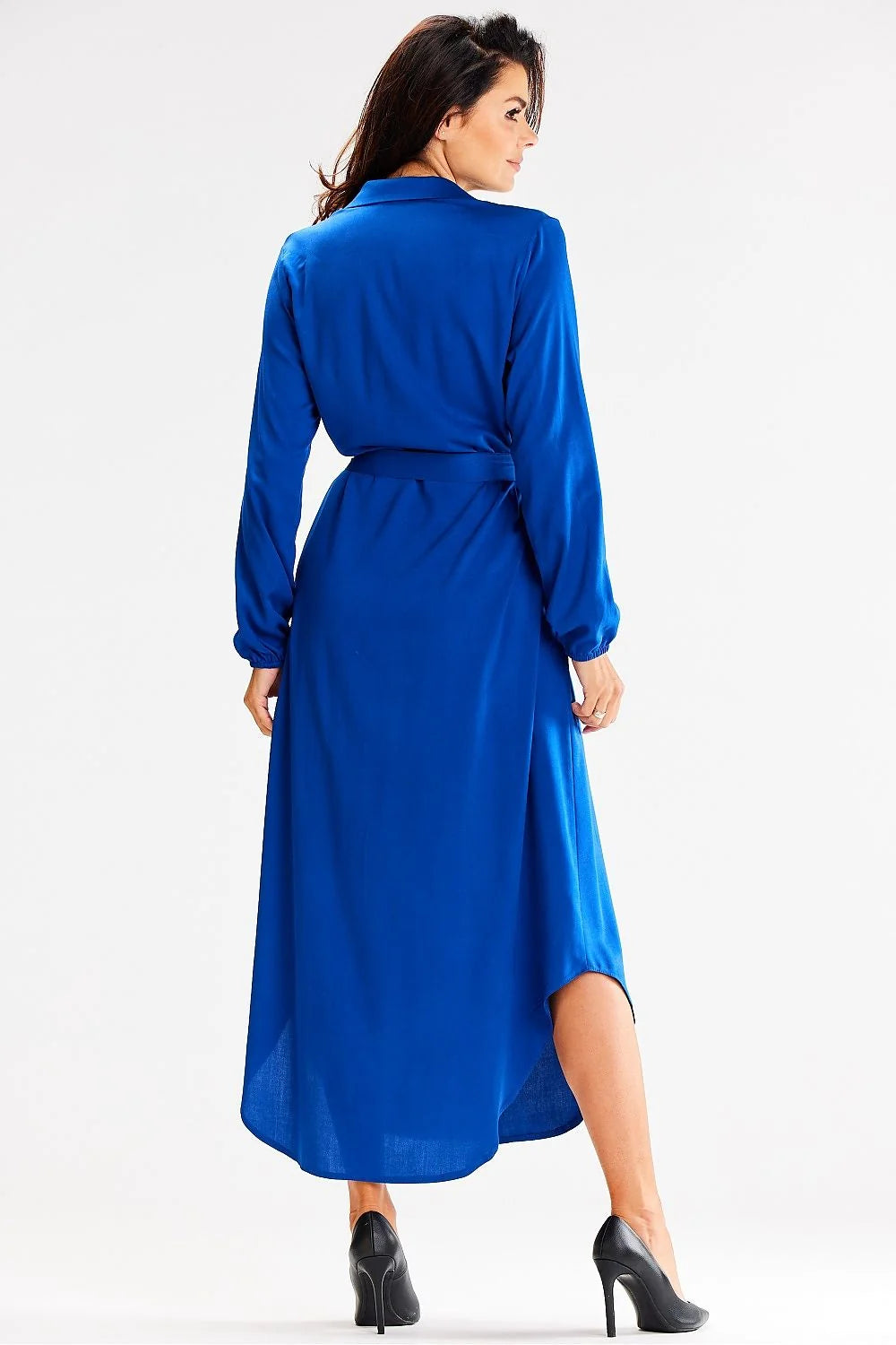 Robe longue chemise awama manches longues poches intégrées ceinture ajustable couleur bleu vif femme élégance Casual