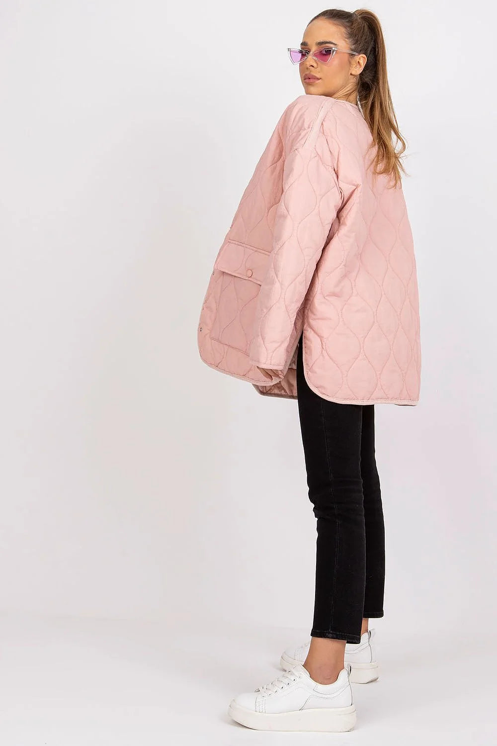 Veste matelassée pour femmes couleur rose pastel oversized manches longues fermeture à boutons-pression polyester 100 %