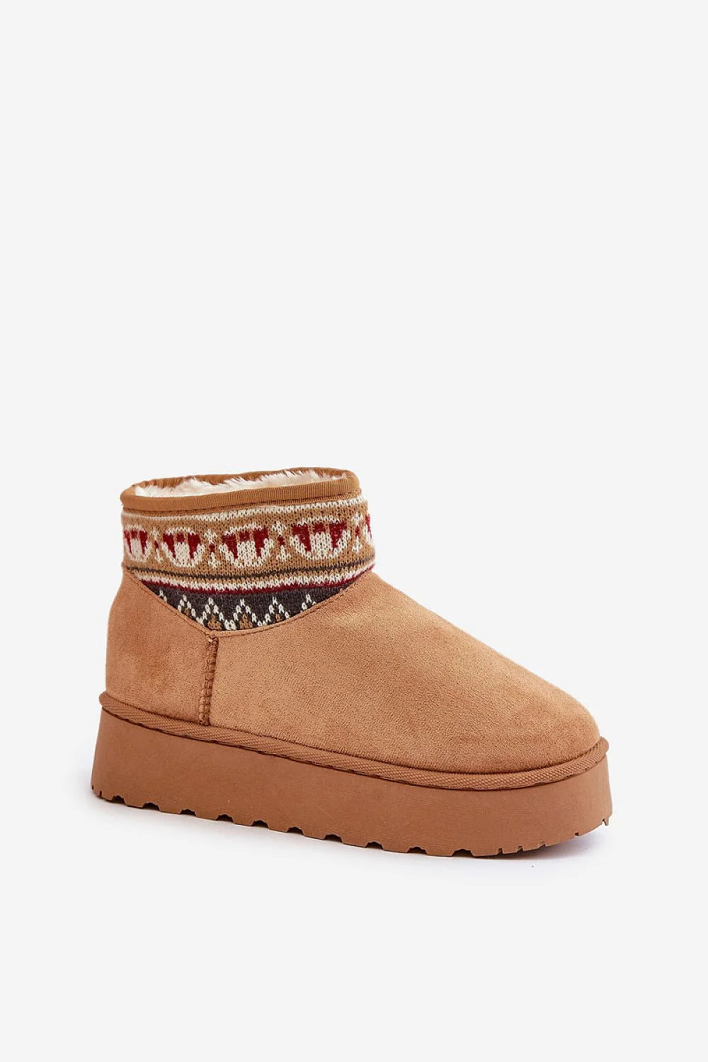 bottes neige femme suédine camel motif jacquard fairisle multicolore cheville fourrure intérieure chaude plateforme crantée antidérapante confortable élégante tendance hivernale