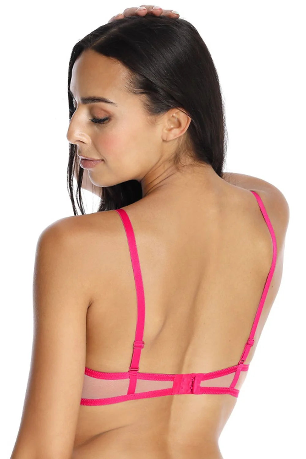Soutien-gorge push-up élégant rose vif dentelle motifs floraux tulle transparent ajustable femmes