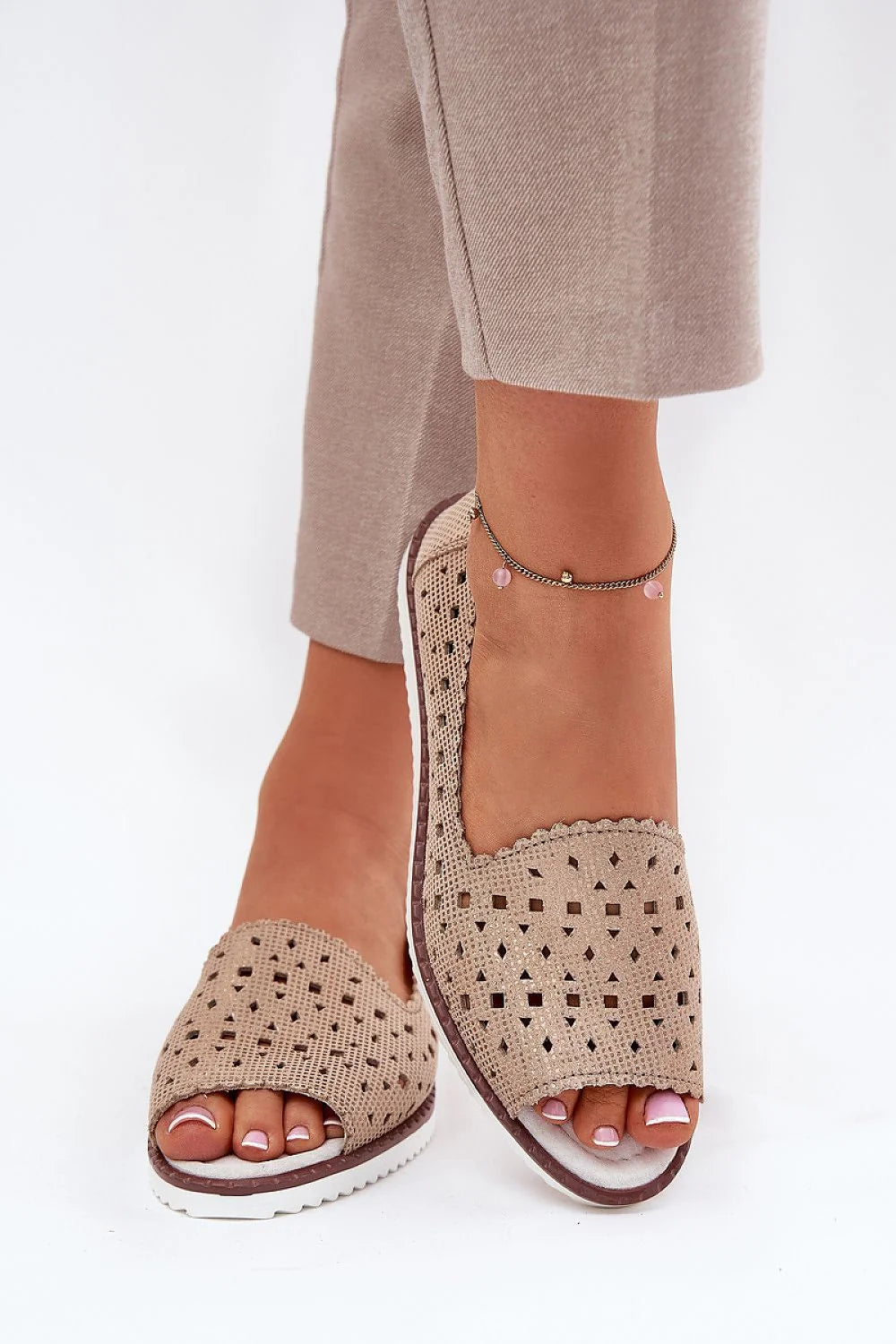 Ballerines femmes cuir naturel bout ouvert motif ajouré beige semelle cuir confort plateforme 2cm