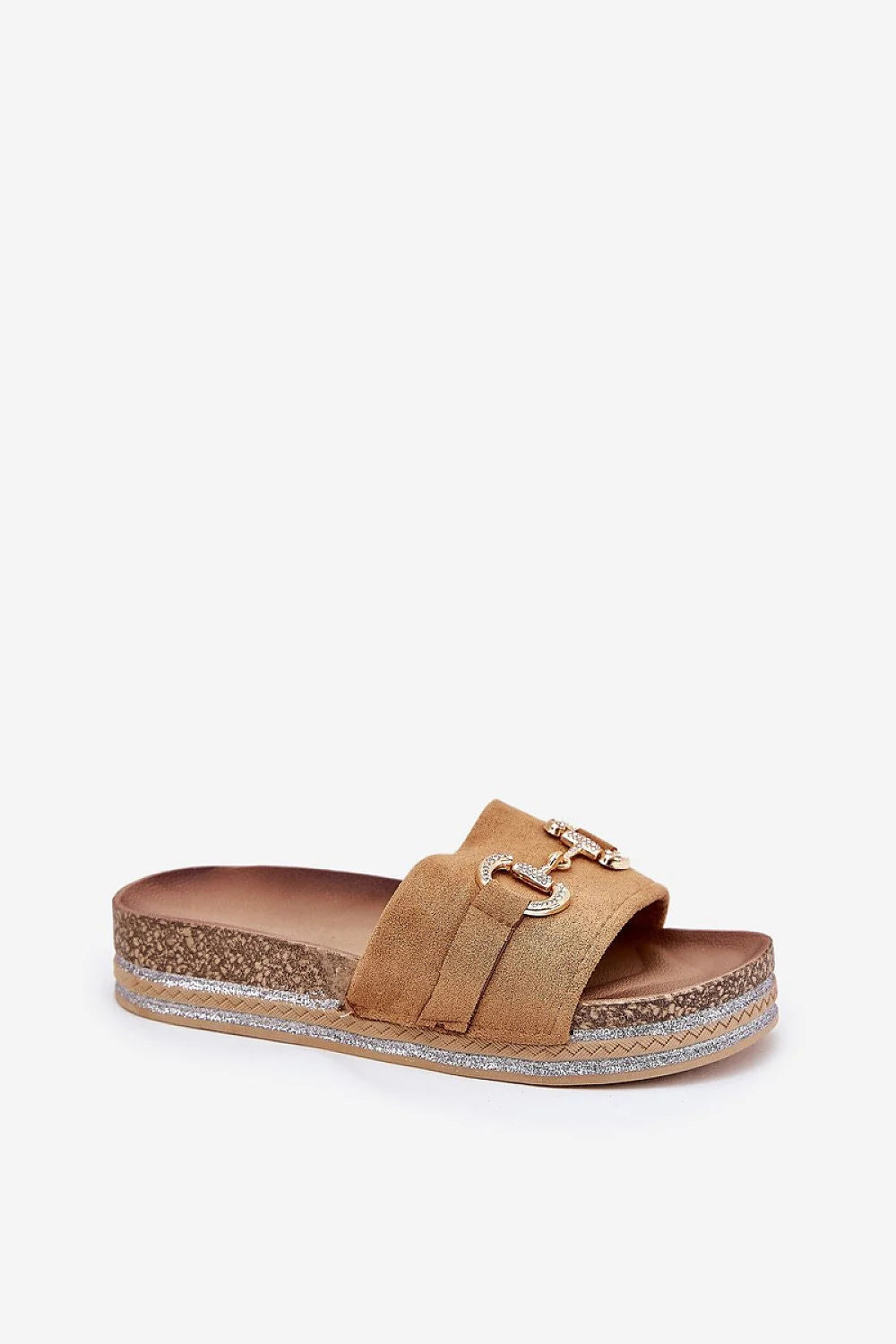 Sandales féminines mules design élégant suédine camel doré paillettes plateforme confort été