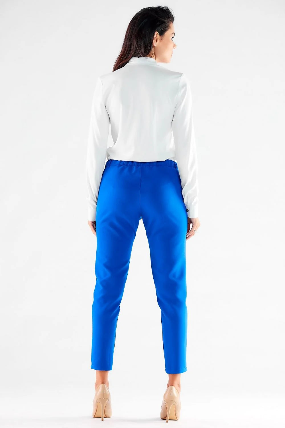 pantalon femme awama pieddepoule bicolore cigarette ajustee cheville mihaute taille elastique cordon poches laterales tissu souple polyester viscose confortable