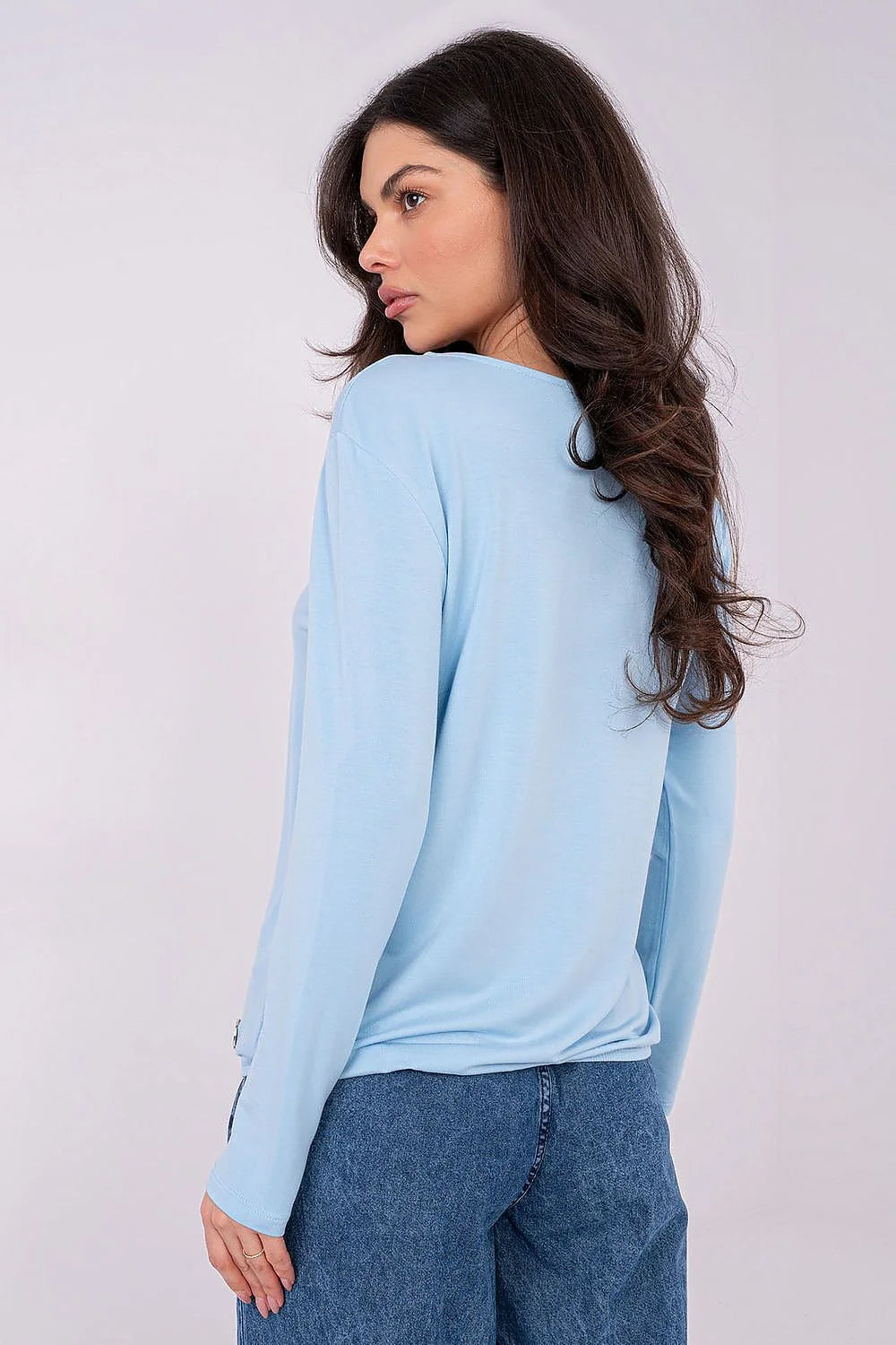 chemisier femme manches longues encolure bateau bleu ciel jersey doux extensible modal elasthanne coupe droite ample basique minimaliste