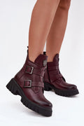 bottines femme cuir grainé bordeaux cheville semelle platform épaisse crantée noire double brides réglables boucles métal anthracite fermeture zippée latérale