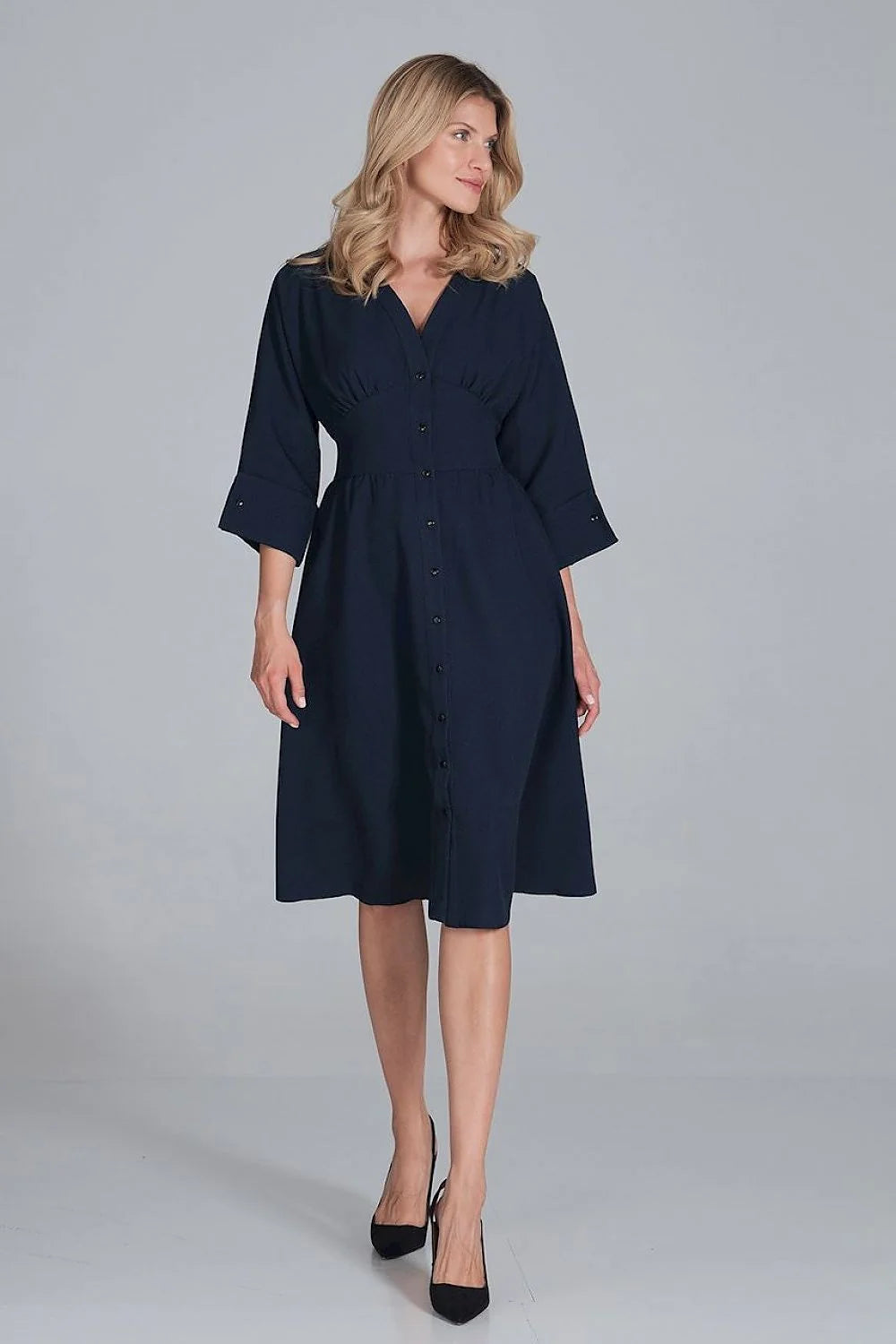 Robe midi polyester élégante rose vive manches trois-quarts boutons col V femme mode chic