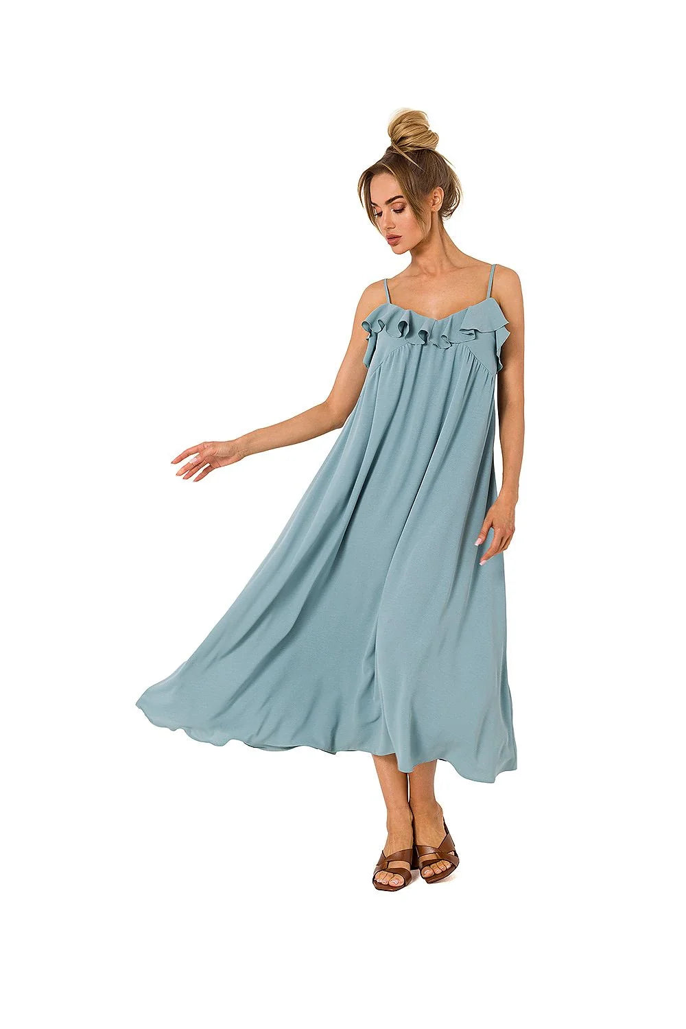 Robe de jour Moe élégante en polyester 95% avec bretelles fines et volants au décolleté en V pour femme, taille ajustable, longueur midi