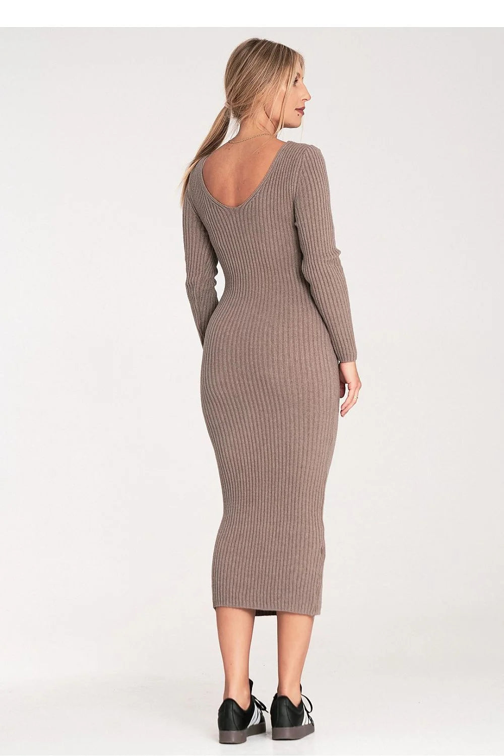 Robe pull midi femme Figl maille côtelée extensible moulante bodycon manches longues encolure dégagée taupe neutre maintien confort casualchic superpositions
