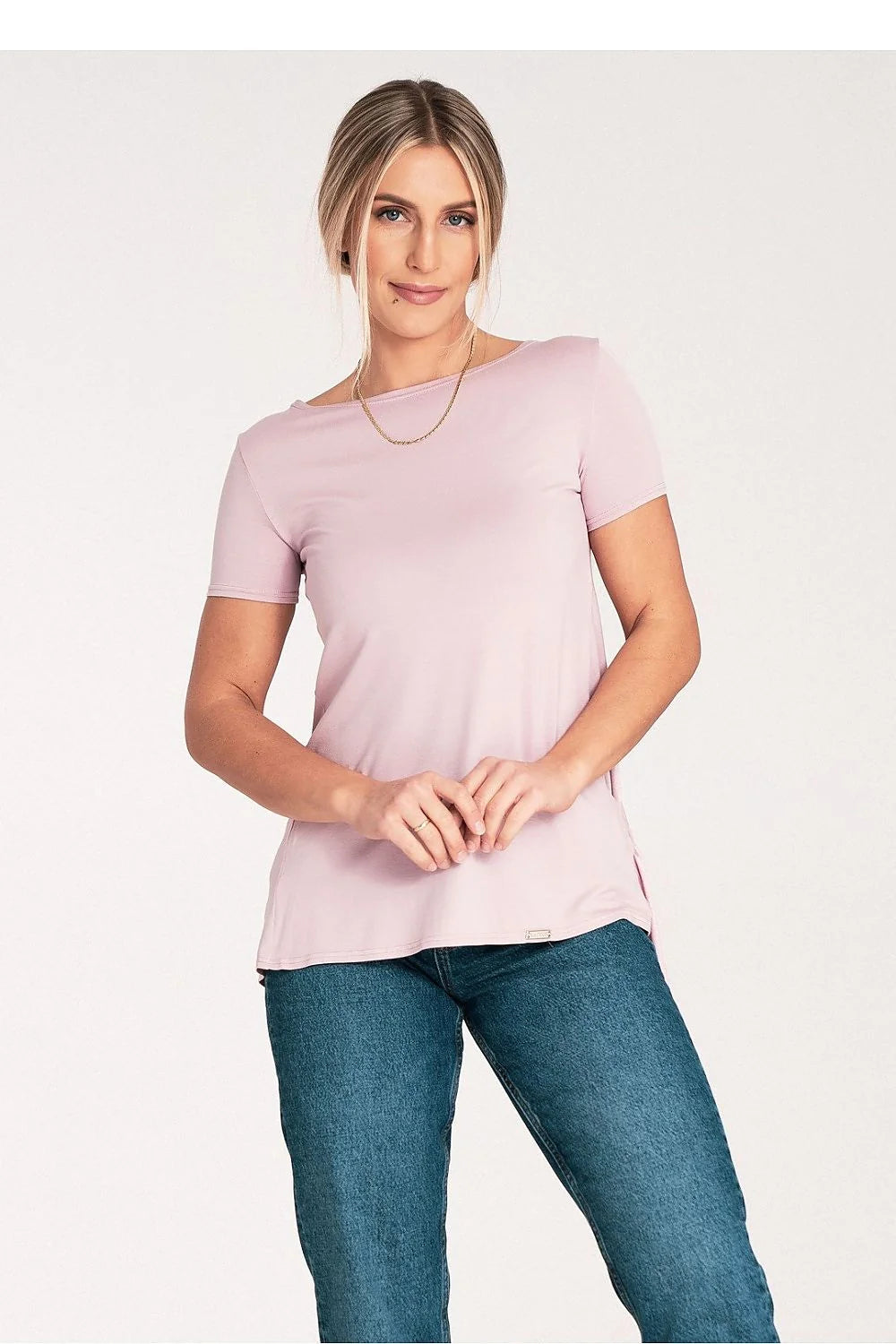 Chemisier femmes style simple couleur rose pâle matière douce manches courtes col rond tailles variées confort optimal look casual-chic