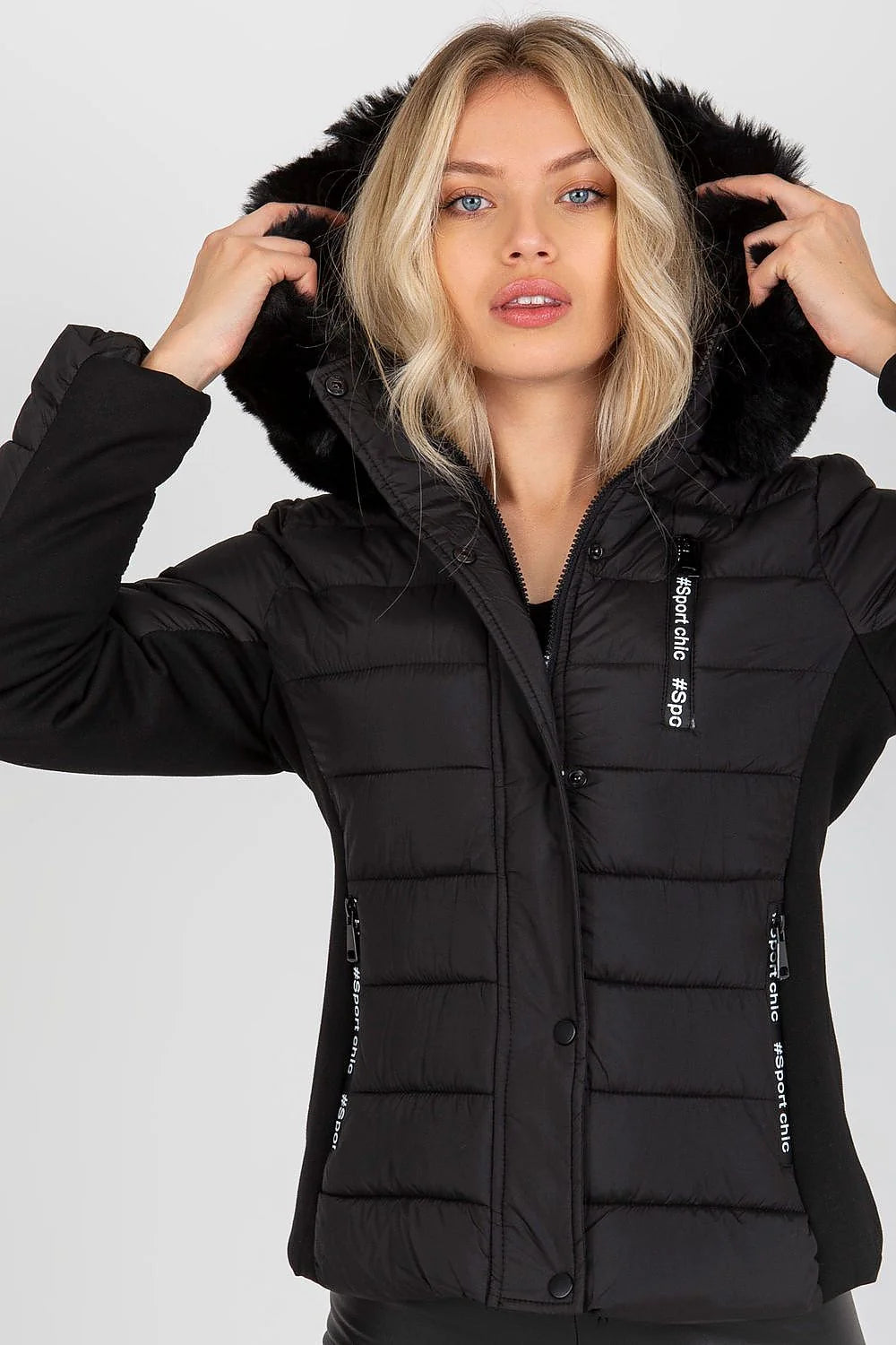 Veste d'hiver pour femme en duvet matelassée manches longues capuche détachable fourrure décorative fermeture éclair et boutons-pression polyester 100 %
