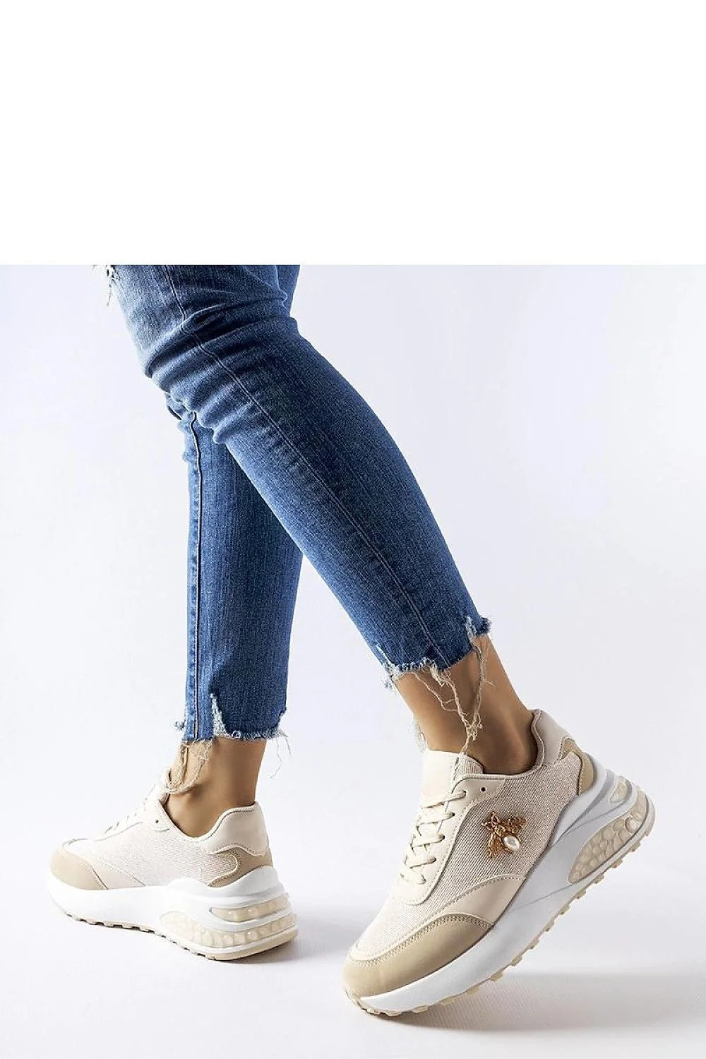 Baskets mode Solea femmes beige blanc motif libellule cuir textile confortable été printemps décontracté
