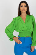 chemisier crop top femme moderne encolure V manches longues volumineuses poignets élastiqués froncé taille silhouette féminine fluide vert vif