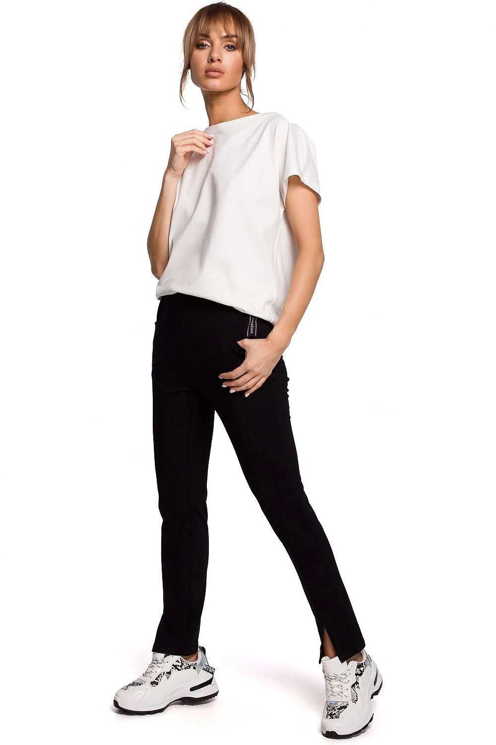 Pantalon long femme coton élasthanne moderne coupe droite fentes avant confort mode urbaine sophistiquée