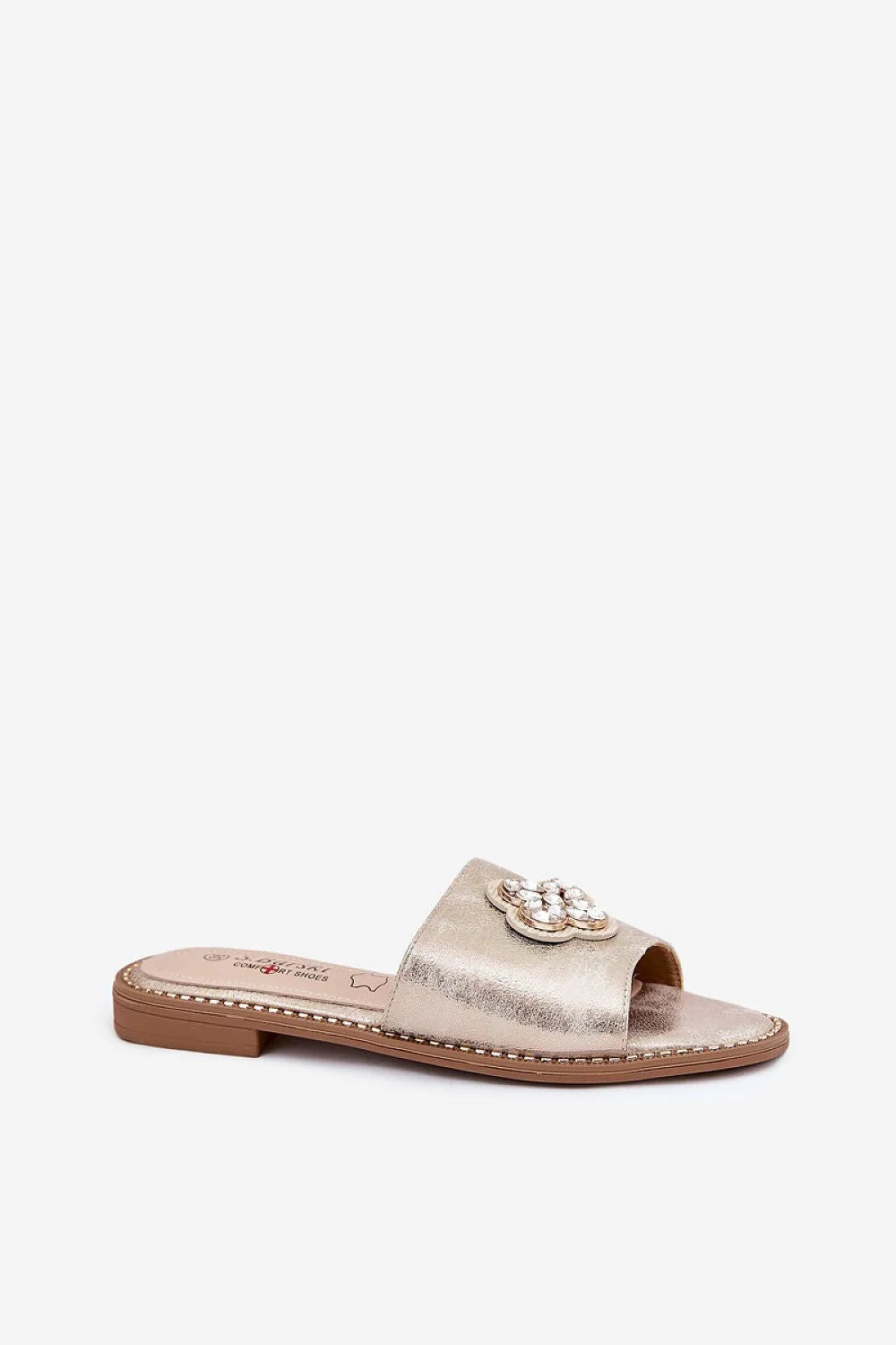 sandales dorées métalliques minimaliste moderne femme ecocuir confortable semelle caoutchouc plate bride large strass floral appliqué chic élégant estival