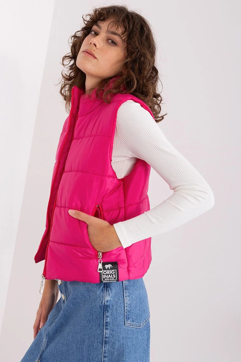 Gilet matelassé pour femme style urbain couleur fuchsia polyester automne hiver sans manches coupe ajustée fermeture éclair poches latérales